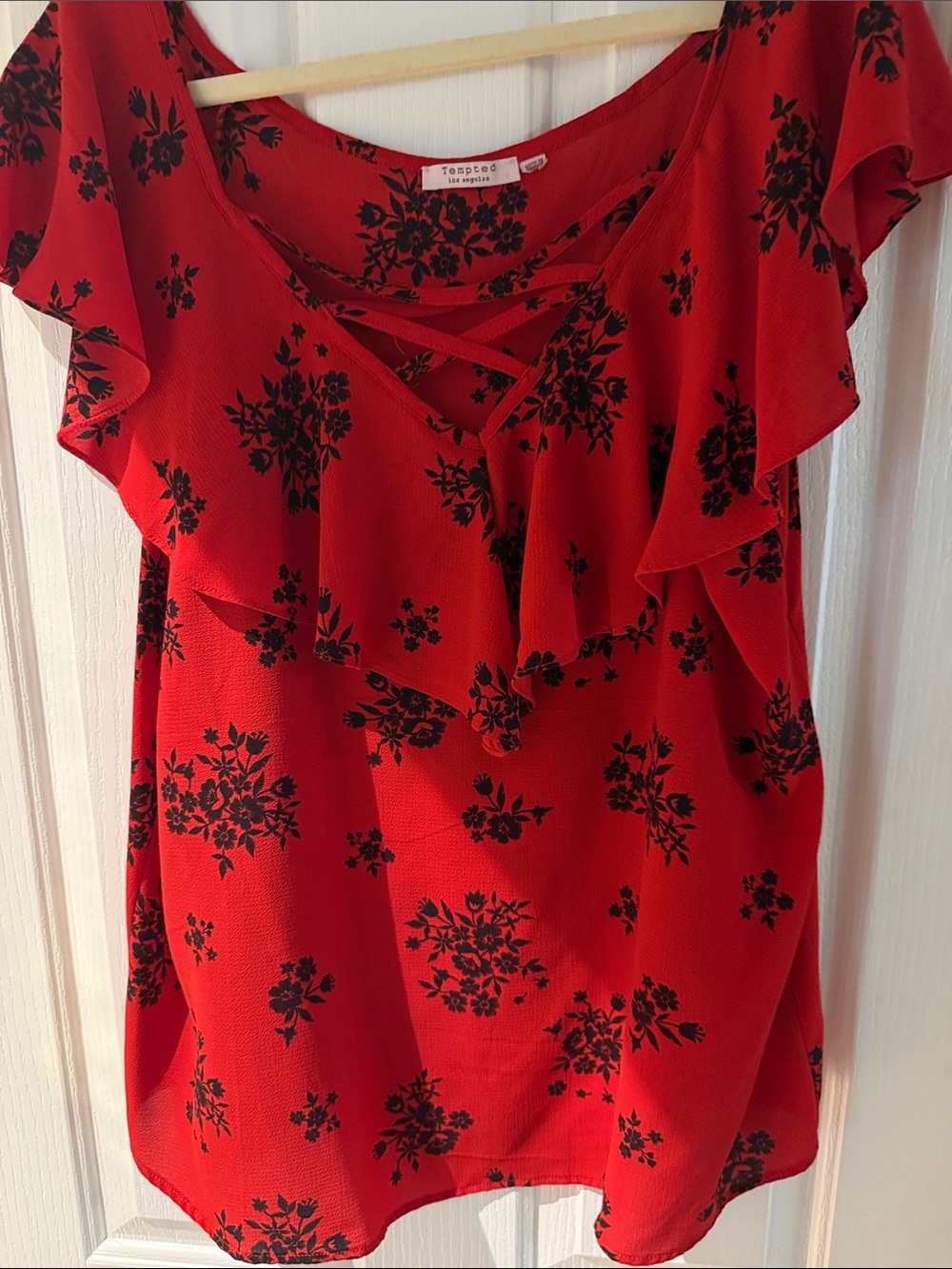 Tempted Red Floral Ruffle Short Sleeve Blouse